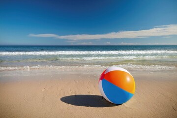 A striped beach ball on golden sand, overlooking the blue ocean waves. The image captures the essence of summer fun and relaxation.