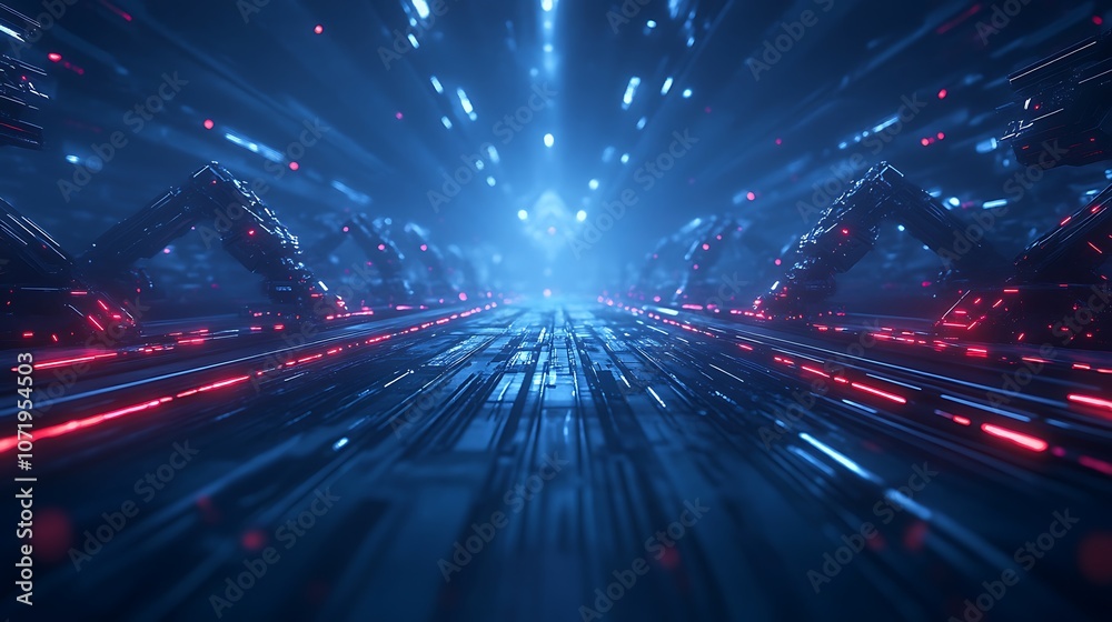 Aufkleber a futuristic digital landscape with illuminated pathways and vibrant blue and red lights, creating a