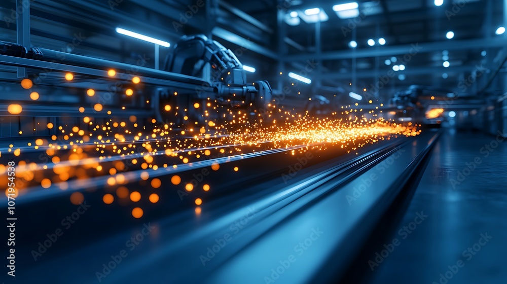 Aufkleber A dynamic scene showcasing robotic arms welding, emitting bright sparks in a modern industrial setting filled with advanced machinery.