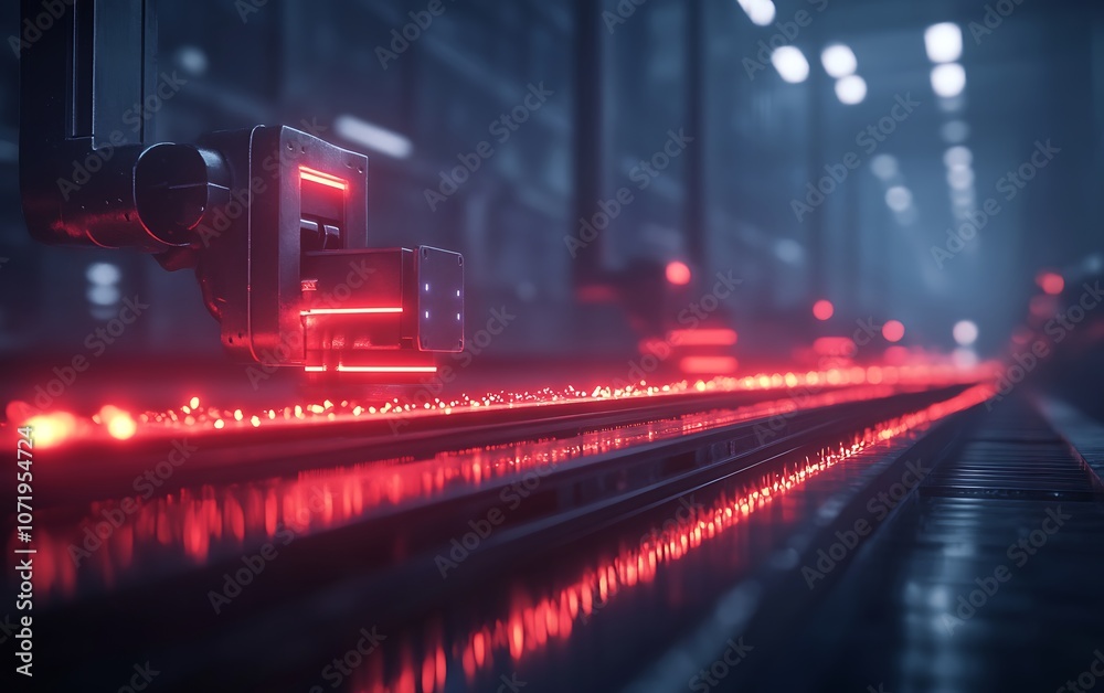 Aufkleber a low-angle view of glowing red lights along a sleek surface, set in a futuristic industrial environ