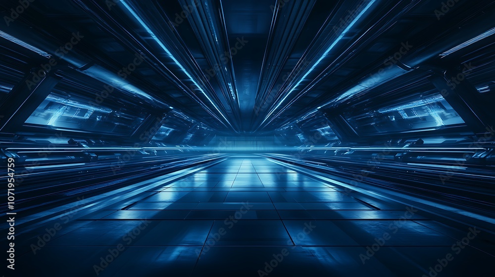 Aufkleber a futuristic, sci-fi corridor illuminated by blue lights, creating a sleek, high-tech atmosphere tha