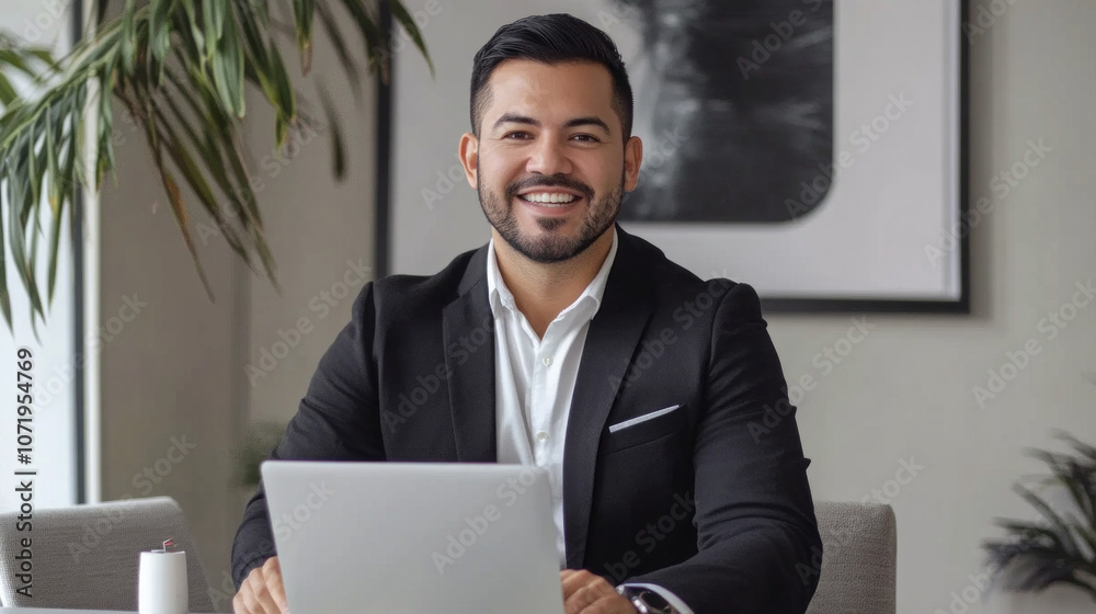 Poster a man in a suit is sitting at a desk with a laptop in front of him