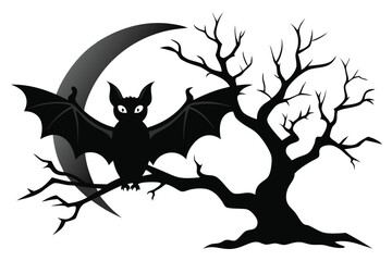 A Black color Halloween bat on tree branch white background B.eps