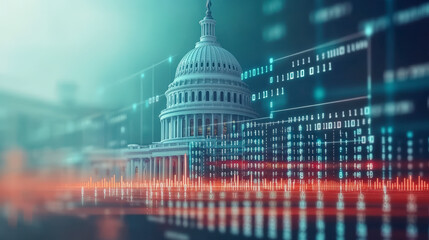 A digital representation of the U.S. Capitol building blends with binary code and data graphics, symbolizing technology's impact on government and politics.