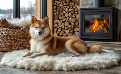 Playful Shiba Inu enjoys warmth and comfort on a fluffy rug in a modern living room