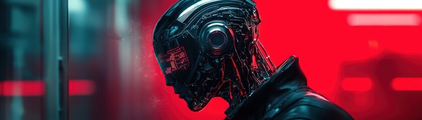 A futuristic humanoid robot stands against a striking red backdrop, showcasing intricate mechanical details and a mysterious expression.