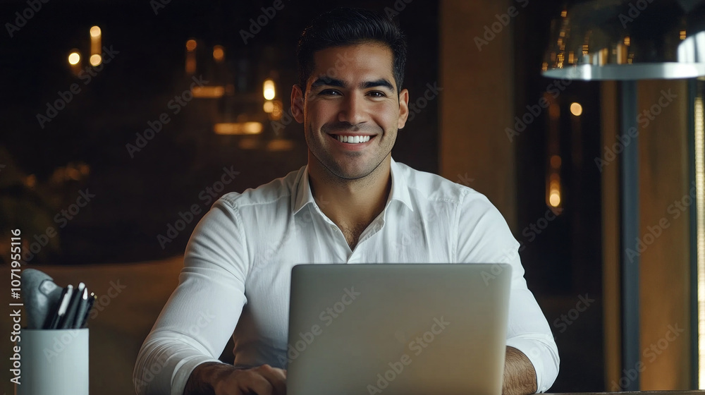 Wall mural A man is sitting at a desk with a laptop in front of him