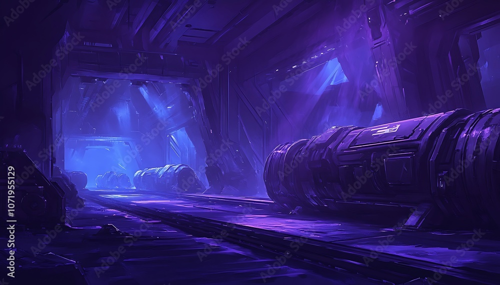 Poster a dimly lit, futuristic corridor with soft purple lighting and metallic structures, evoking a sense 