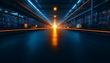 Fototapeta premium A futuristic warehouse corridor illuminated by blue lights, leading to a glowing orange light at the end, creating a striking contrast and atmosphere.