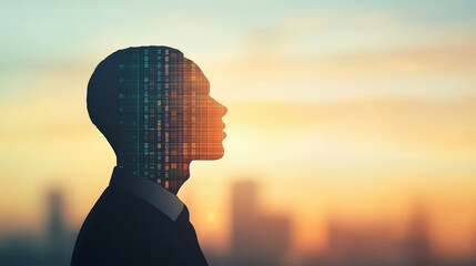 A silhouette of a person overlaid with digital circuit patterns set against a blurred cityscape, symbolizing the integration of technology and humanity.
