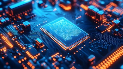 Fototapeta premium Close-up of a futuristic microchip on a circuit board with glowing blue and orange lights.