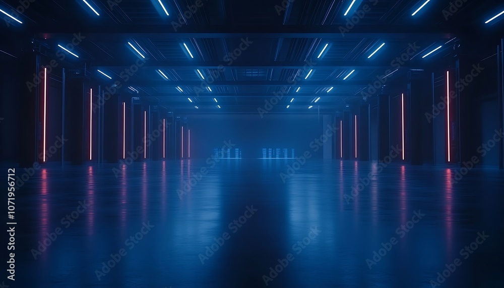 Aufkleber a dimly lit space with glowing blue and red neon lights reflecting on a polished floor, creating a m