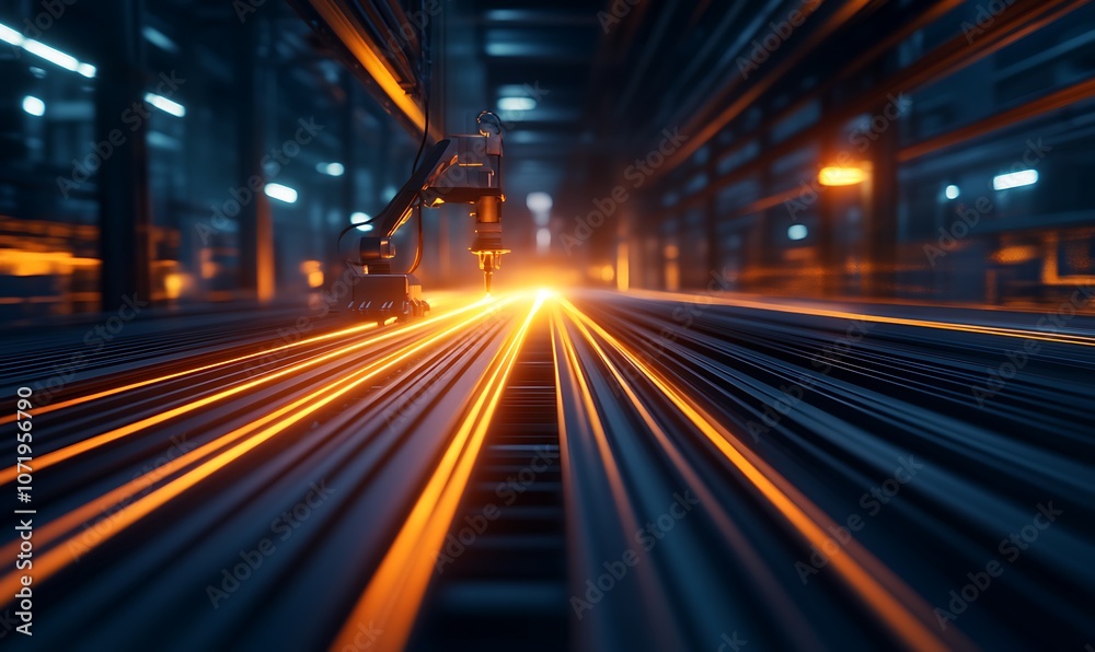 Aufkleber a dynamic view of a glowing industrial scene, showcasing a robotic arm navigating along metallic tra
