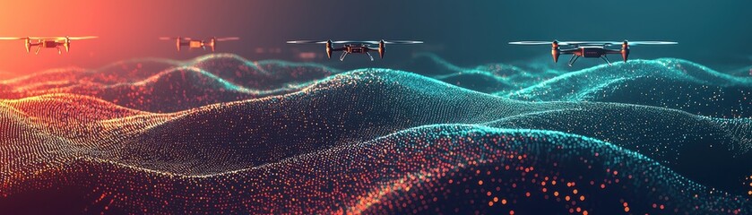 Fototapeta premium A futuristic landscape featuring drones flying over illuminated, wavy terrain, creating a blend of technology and vibrant colors.