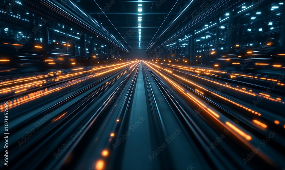 Poster a dynamic, futuristic corridor illuminated with streaks of light, conveying speed and technological 