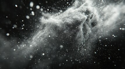 White granular particles of dust explosion on a pitch black background