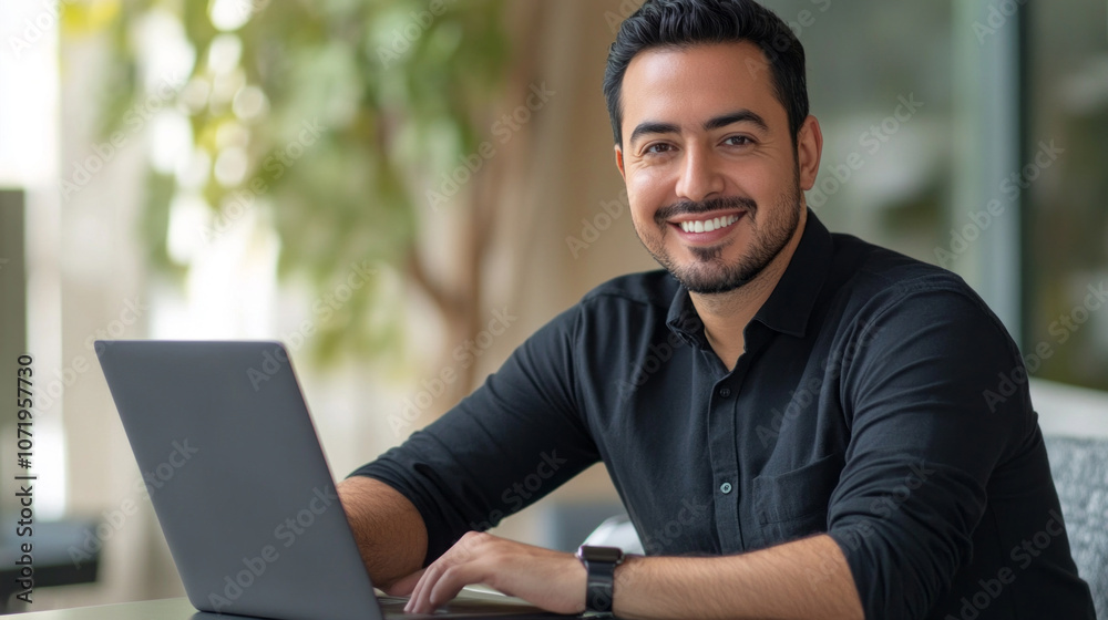 Poster a man is sitting at a table with a laptop in front of him