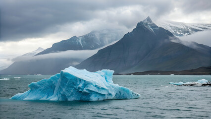 The silent journey of an iceberg, captured as it glides through the water before rugged peaks shrouded by clouds