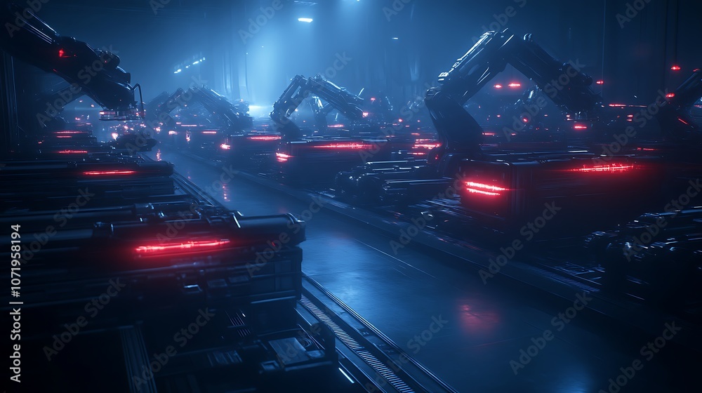 Aufkleber a futuristic industrial scene featuring robotic arms in a dimly lit environment with glowing red lig