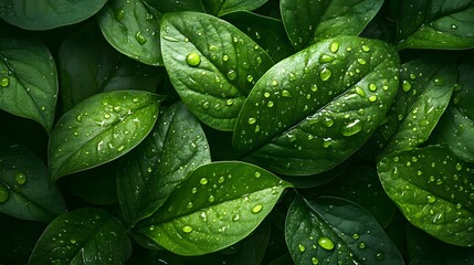 Close-up of lush green leaves with droplets of water, creating a fresh and vibrant nature scene.
