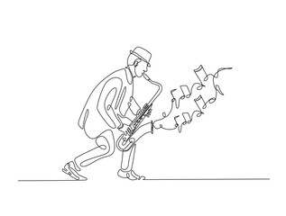 Continuous one line drawing of man holding Saxophone with note music. Saxophone player single line art vector illustration. Editable vector.