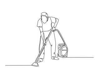 Continuous one line drawing of housekeeper cleaner work using vacuum cleaner. Cleaning service and vacuum cleaner single line art vector illustration. Editable vector.