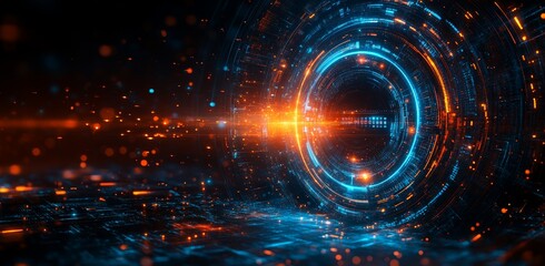 Fototapeta premium Flowing dots and a perspective HUD outline a digital future blue. Concepts for digital artworks. Futuristic innovation and technology art.