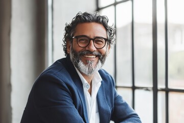 Fototapeta premium A smiling man with curly hair and glasses poses confidently by large windows in a modern workspace during daylight hours