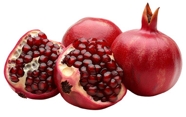 PNG object on clear backdrop. Juicy pomegranates and seeds displayed on a white background, highlighting their vibrant red color and freshness. Isolated on transparent background.
