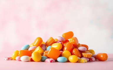 Obraz premium A pile of colorful candies sits on a pink surface