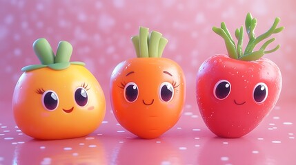 Adorable cartoon fruits on a pink background, showcasing vibrant colors and playful designs.