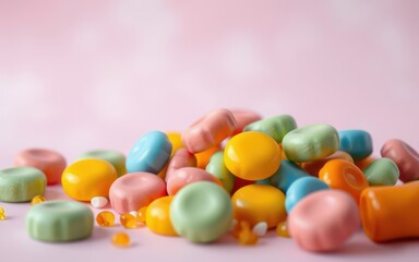 Obraz premium A pile of colorful candies sits on a pink surface