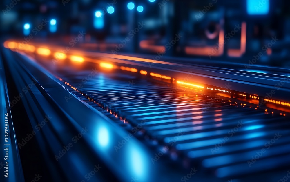 Poster a close-up of a shiny metallic surface with glowing orange lights, showcasing a modern industrial en