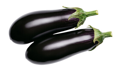 PNG object on clear backdrop. A pair of sleek transparent eggplants with vivid green stems, displayed on a dark surface for contrast. Isolated on transparent background.