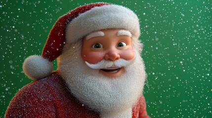Santa smiles joyfully as snowflakes gently fall around him in a festive atmosphere