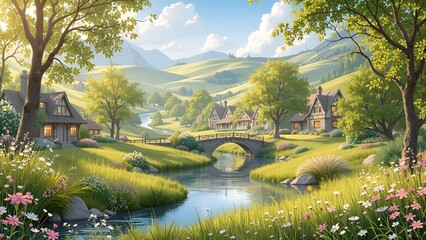 Tranquil Village by the River

