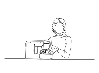 Continuous one line drawing of woman sews using sewing machine. The fashion designer work with sewing machine single line art vector illustration. Editable vector.