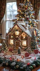 Fototapeta premium A festive gingerbread house surrounded by candy and a decorated Christmas tree.