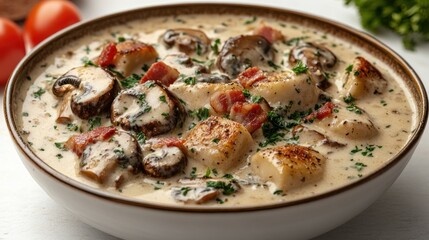 A creamy chowder featuring scallops and mushrooms garnished with fresh herbs