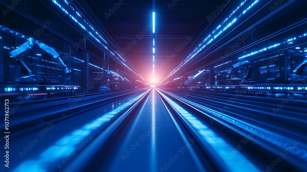 Poster a futuristic scene showcasing a vibrant, illuminated tunnel with blue lights and a glowing focal poi