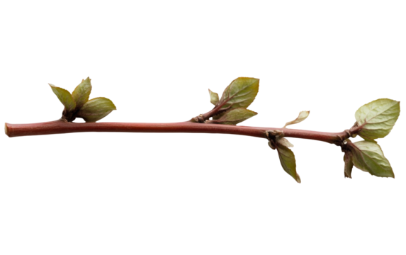 PNG object on clear backdrop. Simple brown twig adorned with green leaves, bringing a touch of nature indoors. Isolated on transparent background.
