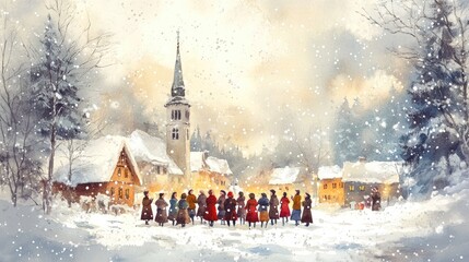 Fototapeta premium A group of people singing Christmas carols in a snowy village square with a church steeple in the background.