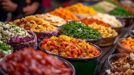 Colorful assortment of fresh ingredients at a vibrant market stall.