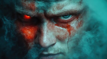 Fototapeta premium A close-up portrait of an intense face with a fiery red eye amidst swirling smoke, portraying an atmosphere of mystery and inner conflict.