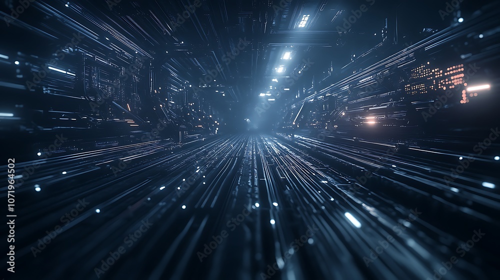 Fototapete A futuristic, abstract scene depicting streams of light and data, creating a sense of speed and depth in a digital environment.