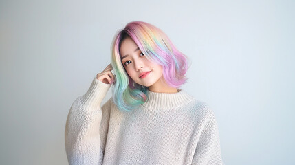 Cute expression, Asian woman, vibrant rainbow hair