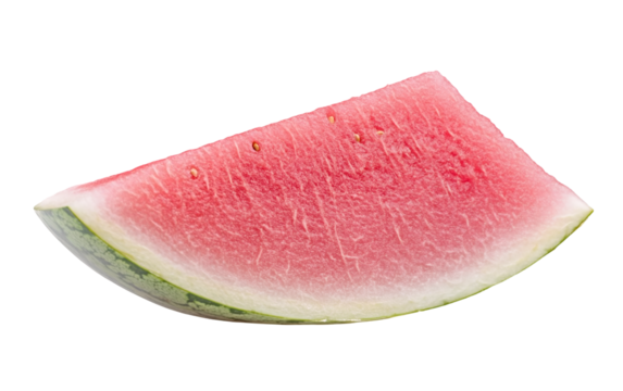 PNG object on clear backdrop. A fresh slice of watermelon highlighting its juicy red flesh and green rind, set against a transparent background. Isolated on transparent background.