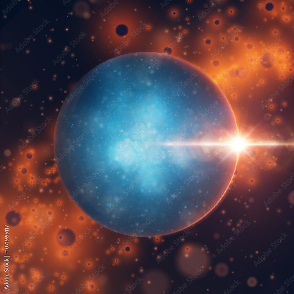 Poster Realistic planet with liquid surface texture. Vector spatial illustration of blue planet in space. Planet view from satellite in outer space.