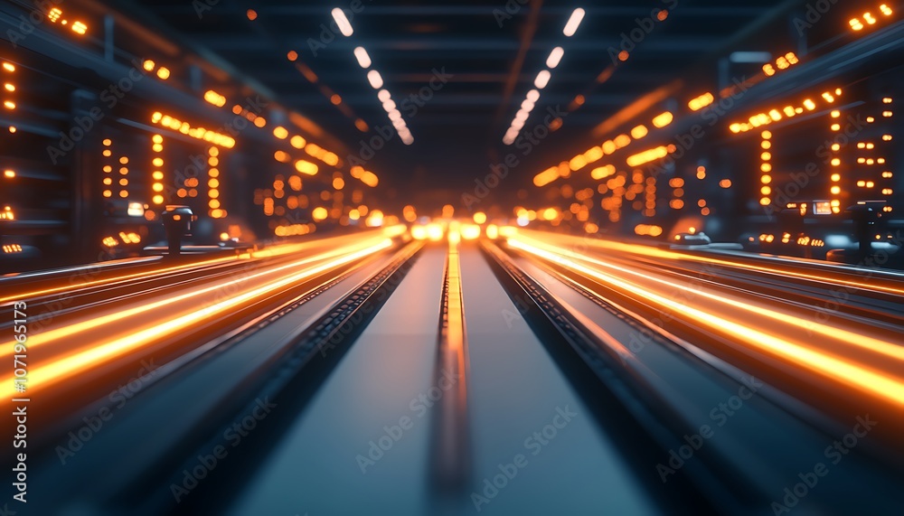 Poster A futuristic perspective of illuminated tracks extending into the distance, with glowing lines suggesting movement and depth.