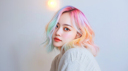 Asian woman with pastel rainbow hair, cute pose